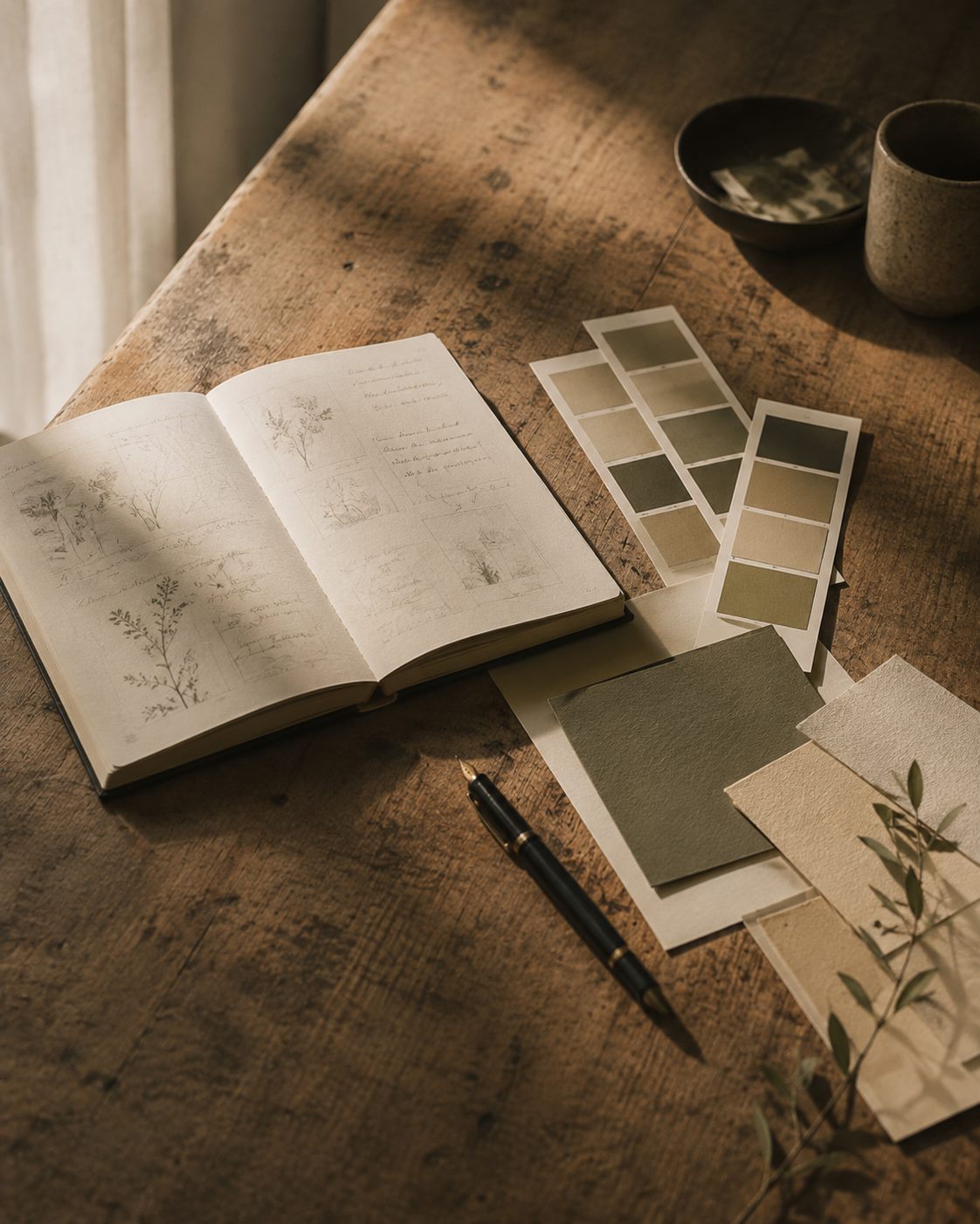 Material impresso e caderno de anotações sobre mesa de trabalho